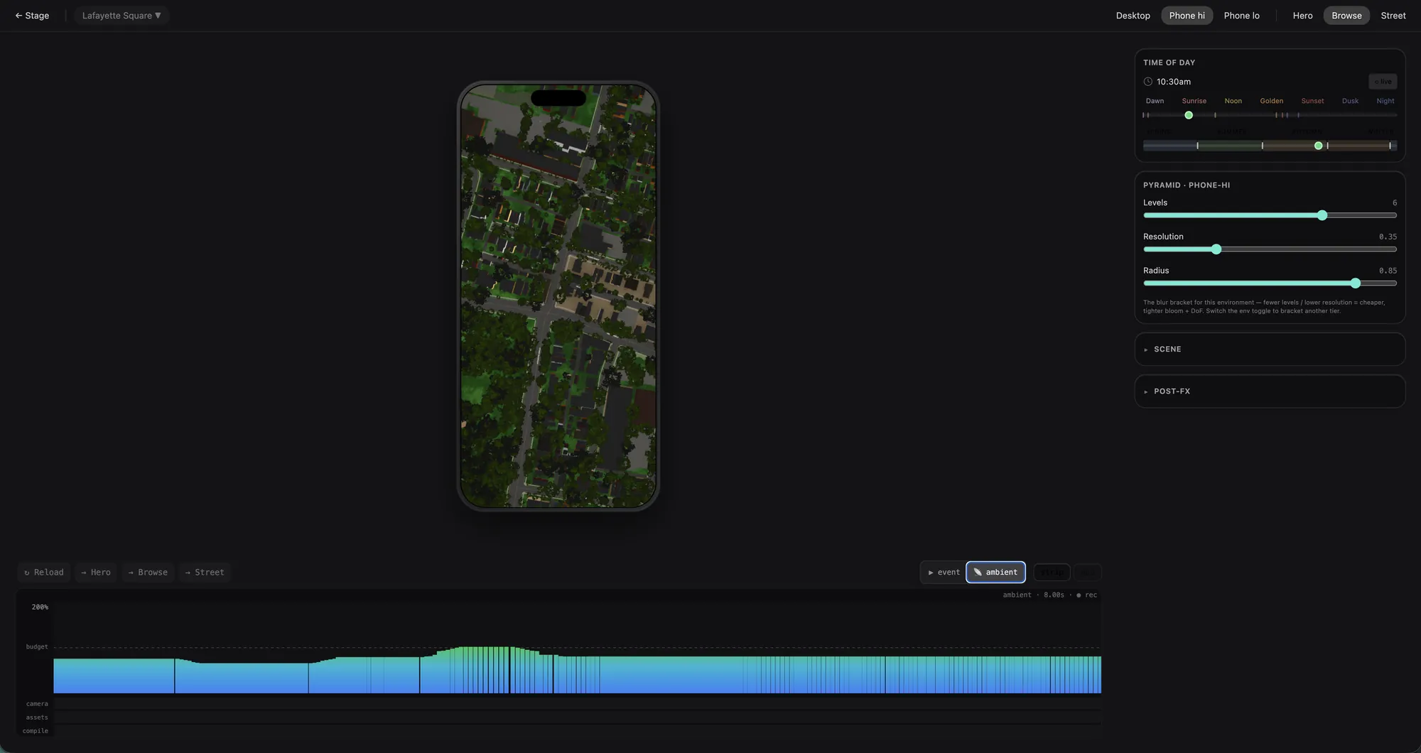 Preview running the finished Slab inside a phone-sized frame, with desktop and two phone targets to switch between, the time of day and the quality budget beside it, and a live frame-time trace running along the bottom.