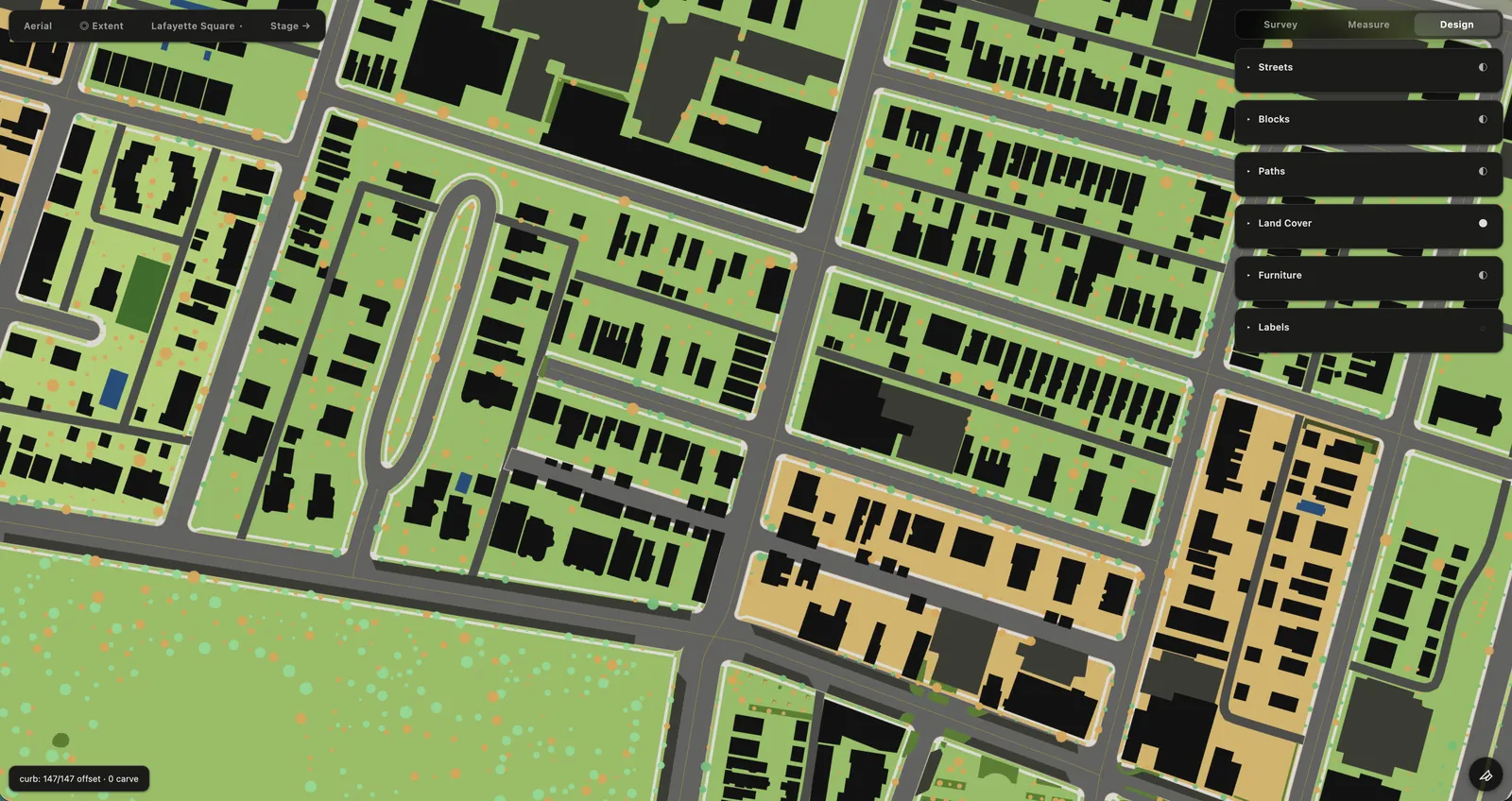 The neighborhood rebuilt as drawn ground: streets with curbs, every lot and building footprint, planting, street furniture and trees, in flat colour over the same blocks the survey drew.