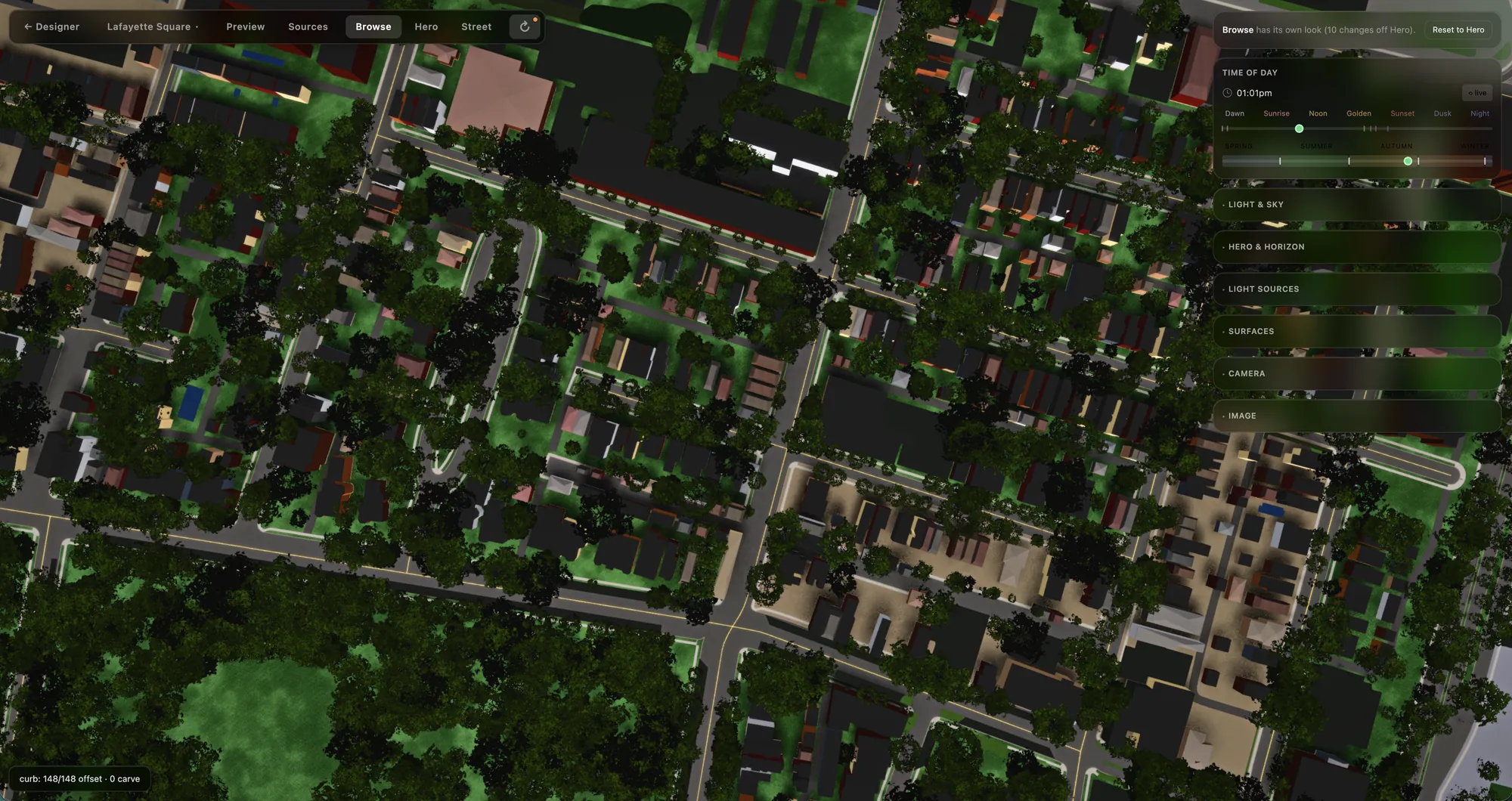 The same neighborhood as a lit 3D scene, seen from above: pitched roofs, painted facades, a full summer canopy and deep shadow across the streets. A panel down one side sets the time of day &mdash; here just past one &mdash; over the controls for light and sky, the horizon, light sources, surfaces, camera and image.