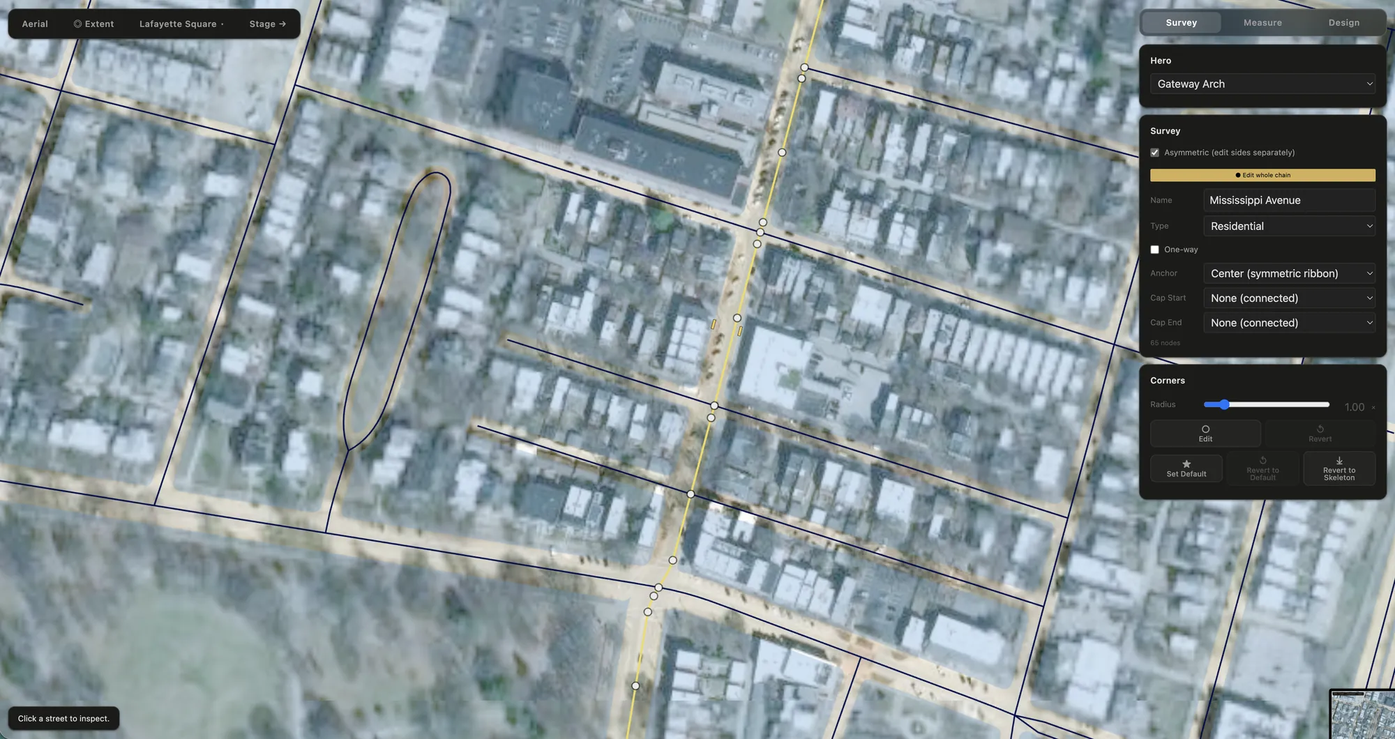Survey over an aerial photograph of the neighborhood: every street drawn as a centre line across the real blocks, one avenue picked out in amber with its vertices showing, and a panel giving that street its name, its type and the shape of its ribbon. The view turns between that and the same survey with the blocks themselves outlined between the streets.
